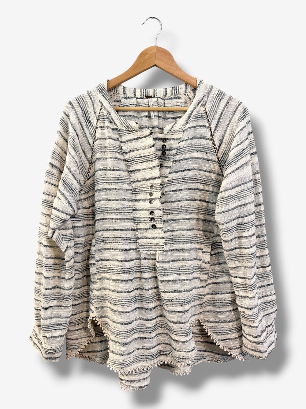 Free People Tweed Hideaway Henley Stripe Tunic Top S Oversized Boho Pom Trim